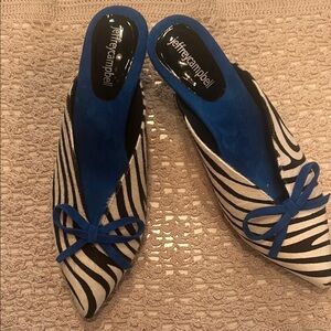 Jeffrey Campbell Black and White Zebra Mules with Blue Bow